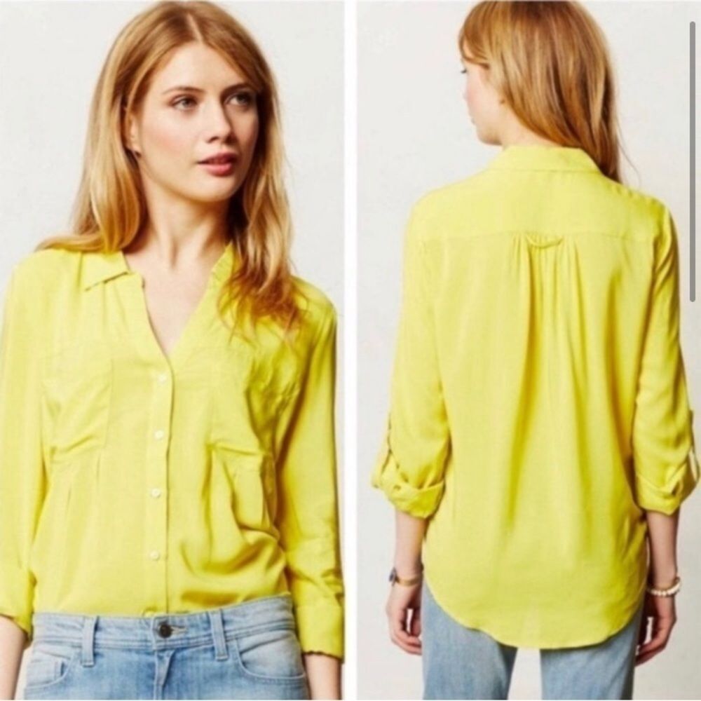 Anthropologie Maeve Chartreuse Yellow Button Down Blouse Small 100% Rayon